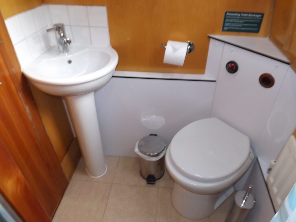Bathroom with shower, macerator toilet, basin and large vanity cupboard.